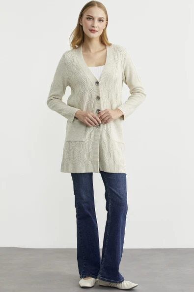 Cepli Uzun Yünlü Triko Hırka - Taş - Resim 4