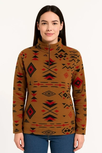 Kadın Yarım Fermuarlı Desenli Polar Sweat Tribal Etnik Desen Yakalı, Uzun Kollu, Oversize Rahat Kalıp - Kahverengi - 2