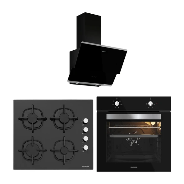 Silverline Siyah Cam Ankastre Set (3490 Oslo Davlumbaz - CS5343B01 Ocak - BO65E1B01 Fırın) ürün görseli 1
