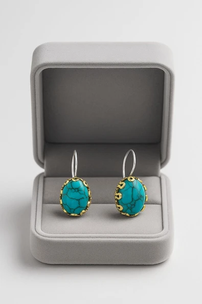 Lale Serisi El İşi Firuze Turkuaz Taşlı Gümüş Kadın Küpe - 3