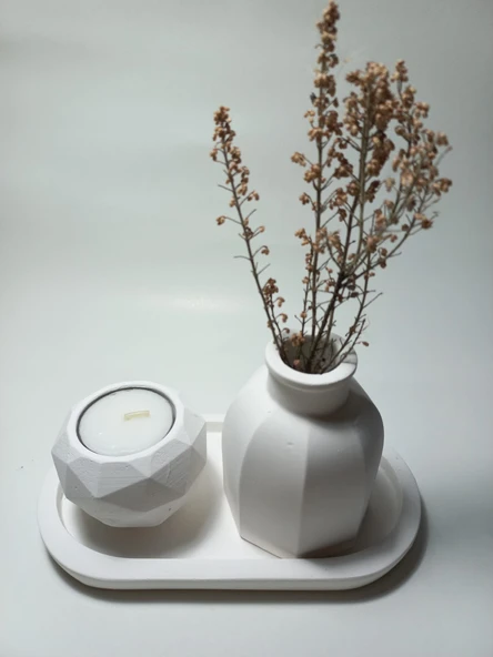 Geometrik Mumluk ve Vazo Dekoratif Tabaklı Set Beyaz Dekor - Resim 4