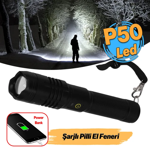 El Feneri P50  Şarjlı Pilli Led Işıldak Kamp Lambası Gece 800 metre Uzun Menzil Aydınlatma Beyaz Işık - Resim 5