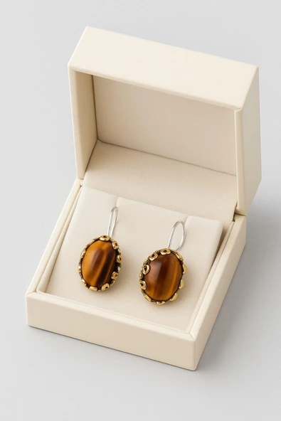 Lale Serisi El İşi Kahverengi Kaplangözü Taşlı  Gümüş Kadın Küpe - 4