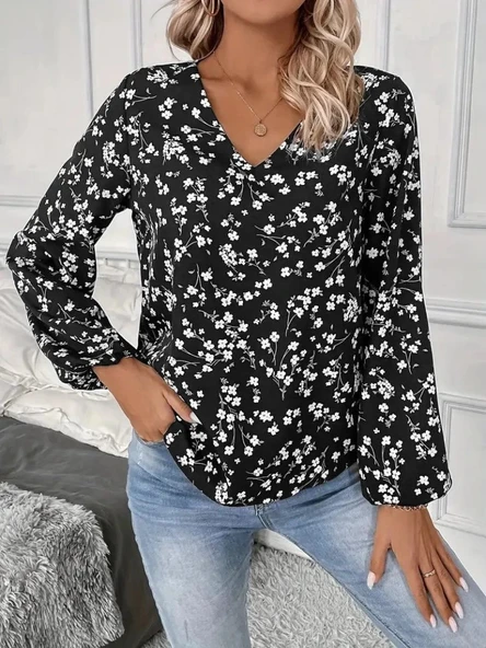 MDB Kadın Uzun Kollu V Yakalı çiçek Desenli Modal Bluz - Resim 4