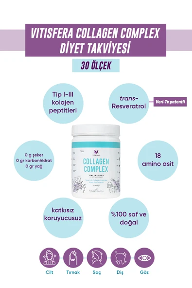 Collagen %100 Saf, Doğal Tip I-III Çift Hidrolize Kolajen Peptitleri + trans Resveratrol - Resim 3