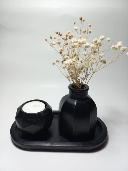 Geometrik Mumluk ve Vazo Dekoratif Tabaklı Set Siyah Dekor - Resim 3