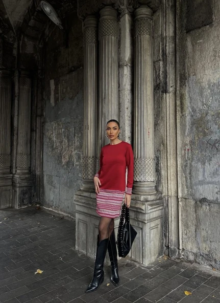 Kadın Uzun Kollu Bisiklet Yaka Kol Ağzı Ve Etek Ucu Baskılı Iki Iplik Elbise - Resim 7