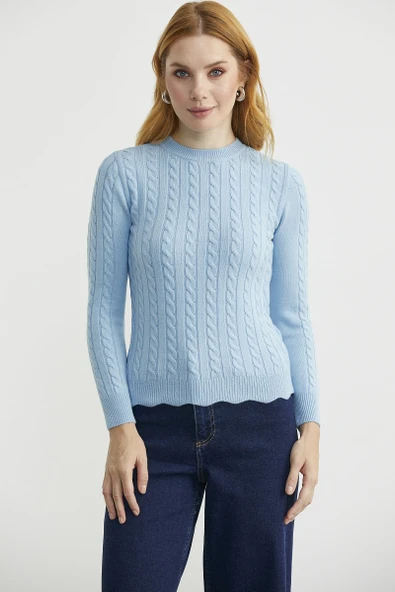 Dilimli Saç Örgülü Triko Kazak - Mavi - Resim 5