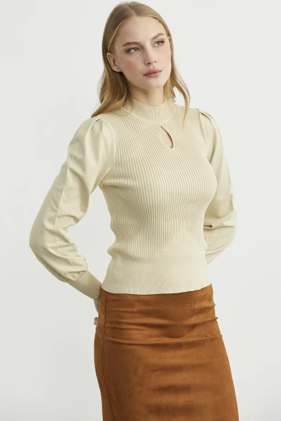 Dik Yaka Balon Kol Triko Kazak - Krem - Resim 4