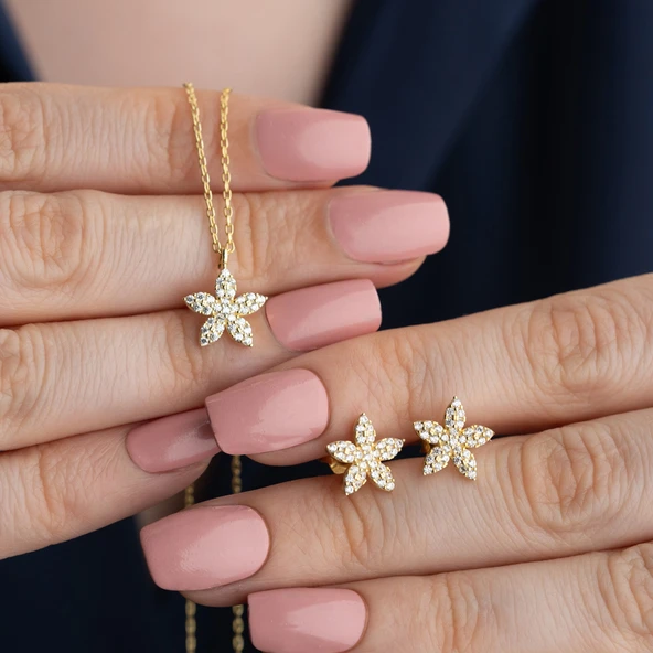 Vaoov 925 Ayar Gümüş Minimal Taşlı Çiçek Set - Resim 3