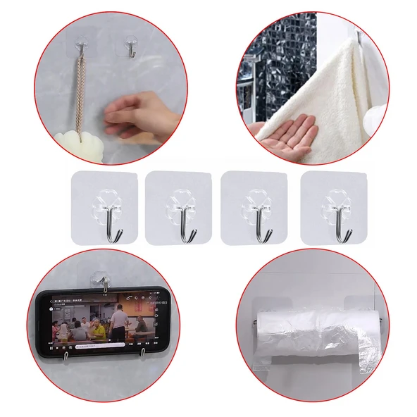 Yapışkanlı Banyo Lavabo Mutfak Askısı Şeffaf Plastik Asma İz Bırakmaz 4 Adetli Set Nano Yeni Nesil - Resim 5