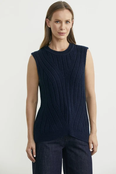 Arkası Uzun Bisiklet Yaka Yünlü Triko Süveter - Lacivert ürün görseli 1