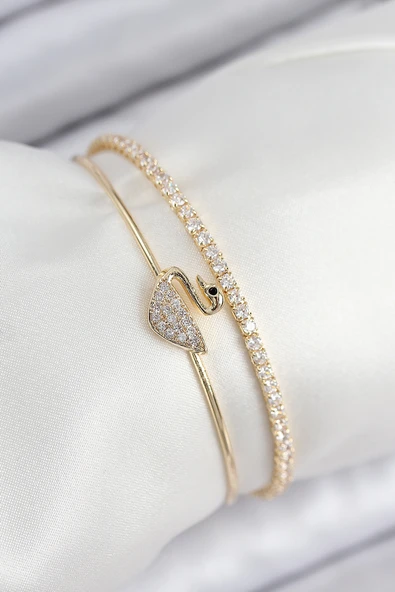 Pirinç Zirkon Taşlı Kuğu Model Gold Renk Kadın Bileklik - TJ-BB7889 ürün görseli