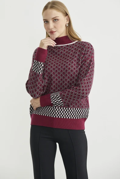 Yarım Balıkçı Renk Motifli Triko Kazak - Bordo - Resim 4