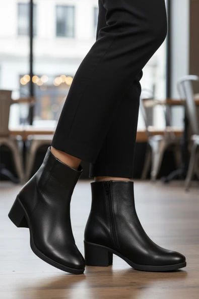 Ayakmod Siyah Hakiki Deri Fermuarlı Polarlı Kadın Bot 92162-1 Z - 3