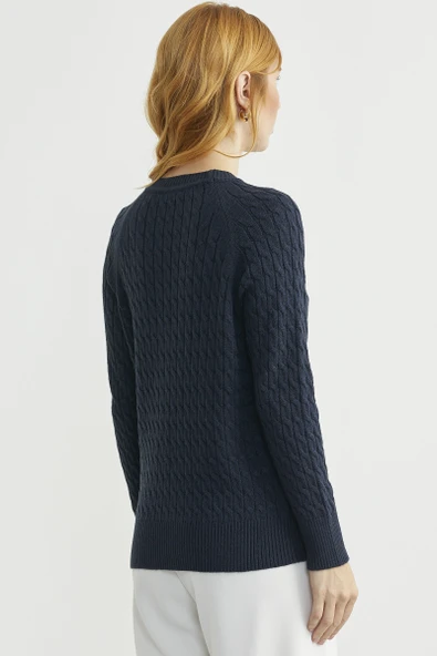Saç Örgü Motifli Yuvarlak Yaka Triko Kazak - Lacivert - Resim 6