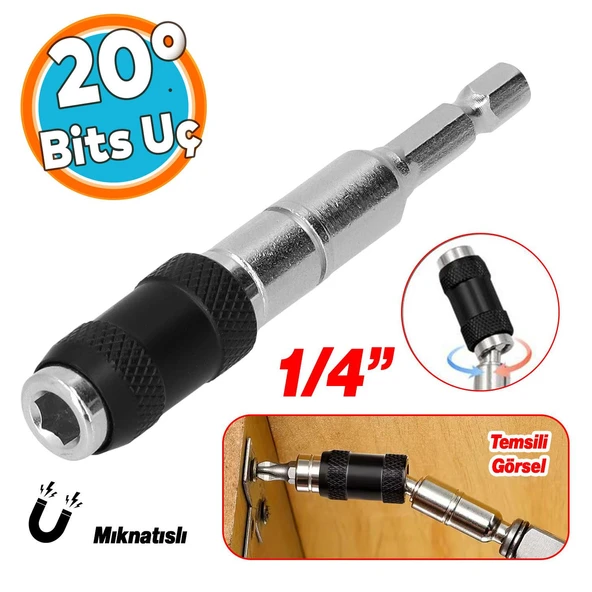 1 Adet Açılı Oynar Başlıklı Bits Uç 1/4" 90 mm Manyetik Mıknatıslı Matkap Uyumlu 20° Lokma Ucu
