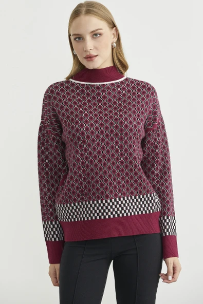 Yarım Balıkçı Renk Motifli Triko Kazak - Bordo - Resim 2