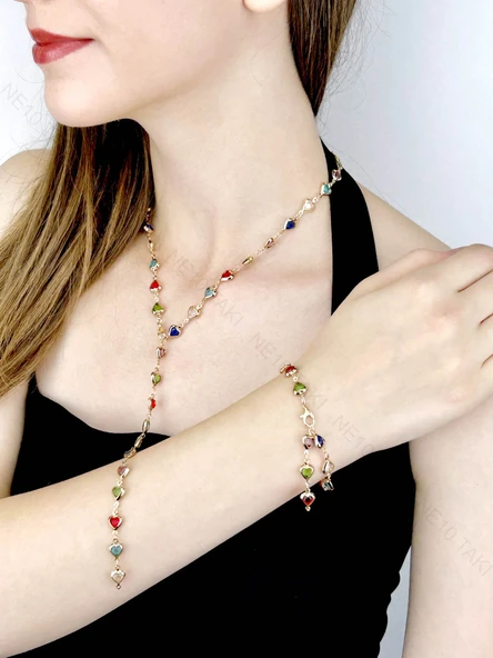 Set, Zirkon Taşlı, Kararmayan Çelik, Kolye ve Bileklik, Y Model, Kalp Detaylı, Altın Renk, Model61 - Resim 5