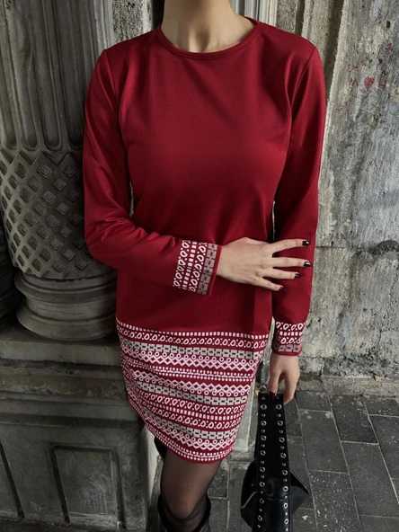 Kadın Uzun Kollu Bisiklet Yaka Kol Ağzı Ve Etek Ucu Baskılı Iki Iplik Elbise - Resim 8