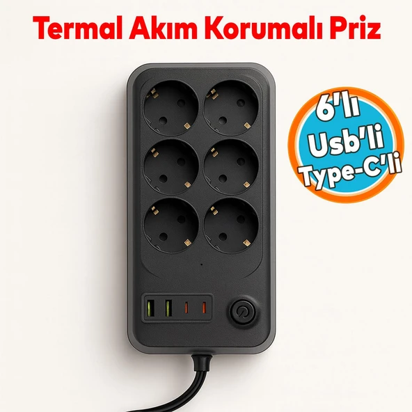 Akım Korumalı Topraklı Golyat Grup Şarj Fiş Priz 6 Prizli 4 USB Girişli 2 Metre Uzatma Kablosu