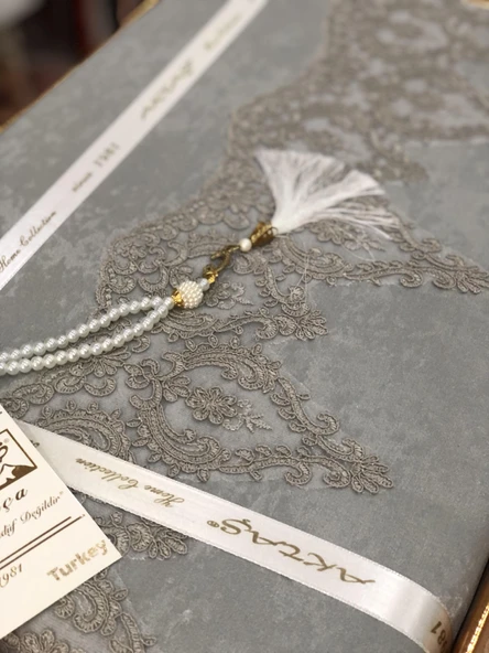 Aktaş Gri Fransız Dantelli Lüx Seccade Takımı 5 Parça Çeyizlik Bohça Gelin Seti - 3