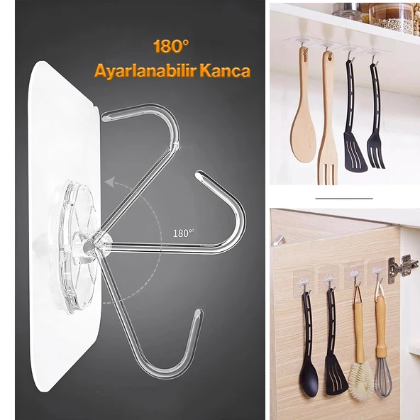 Yapışkanlı Banyo Lavabo Mutfak Askısı Şeffaf Plastik Asma İz Bırakmaz 4 Adetli Set Nano Yeni Nesil - Resim 2
