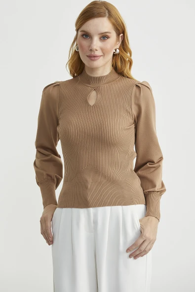 Dik Yaka Balon Kol Triko Kazak - Kamel ürün görseli