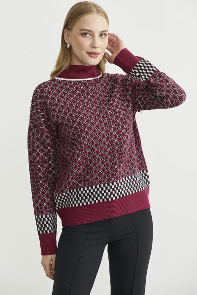 Yarım Balıkçı Renk Motifli Triko Kazak - Bordo - Resim 5