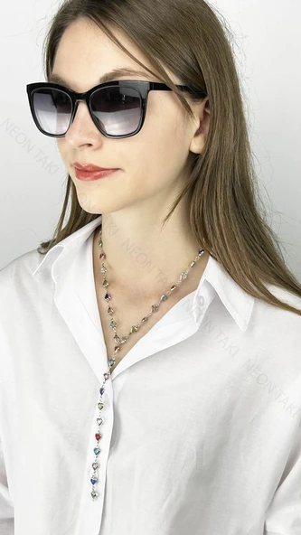 Y Kolye, Taşlı, Çok Renkli, Kalpli, Kolye 433, Kasa Gümüş Renk