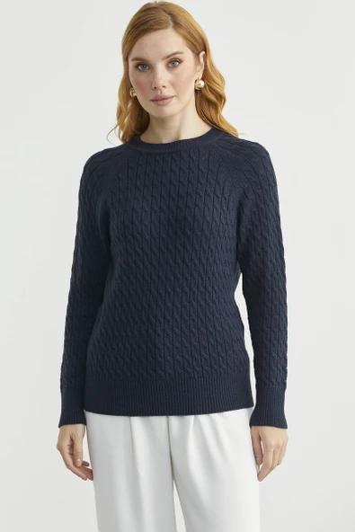 Saç Örgü Motifli Yuvarlak Yaka Triko Kazak - Lacivert ürün görseli