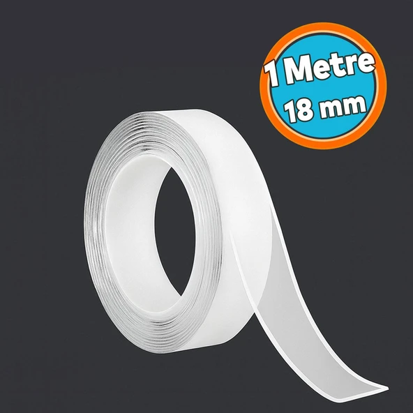 Şeffaf Çift Taraflı Nano Silikon Bant 18 mm 1 mt Güçlü Yapışkan İz Bırakmaz Şeffaf Bant ürün görseli 1