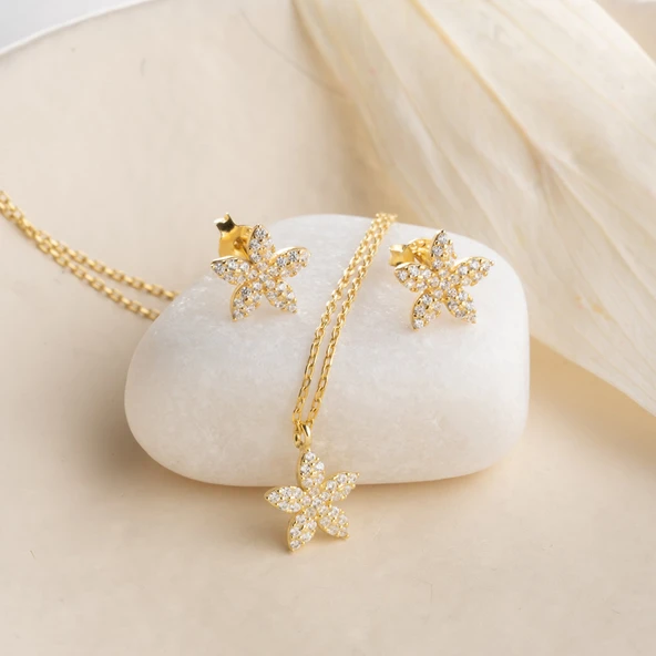 Vaoov 925 Ayar Gümüş Minimal Taşlı Çiçek Set - Resim 5