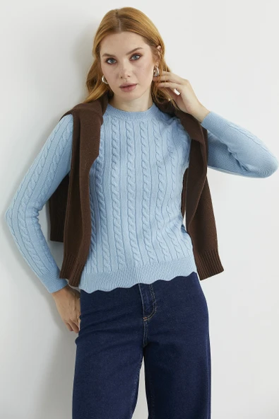 Dilimli Saç Örgülü Triko Kazak - Mavi ürün görseli