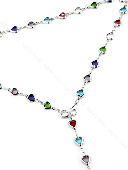 Set, Zirkon Taşlı, Kararmayan Çelik, Kolye ve Bileklik, Y Model, Kalp Detaylı, Gümüş Renk, Model62 - Resim 3