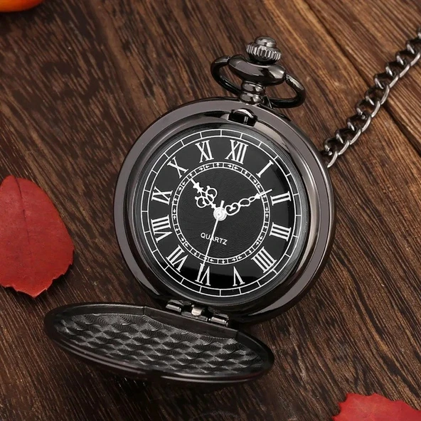 Siyah Oymalı Desenli Lüx Zincirli Köstekli Cep Saati - Resim 2