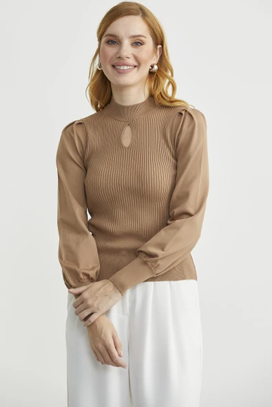 Dik Yaka Balon Kol Triko Kazak - Kamel - Resim 3