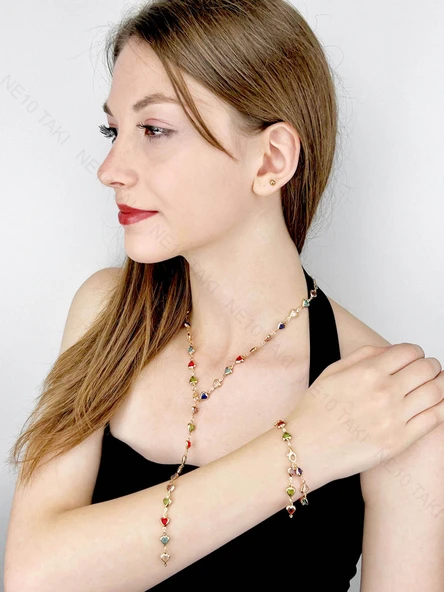 Set, Zirkon Taşlı, Kararmayan Çelik, Kolye ve Bileklik, Y Model, Kalp Detaylı, Altın Renk, Model61 ürün görseli