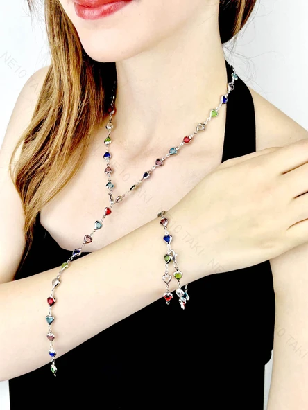 Set, Zirkon Taşlı, Kararmayan Çelik, Kolye ve Bileklik, Y Model, Kalp Detaylı, Gümüş Renk, Model62 - Resim 2