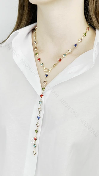 Y Kolye, Taşlı, Çok Renkli, Kalpli, Kolye 432, Kasa Altın Renk - 2