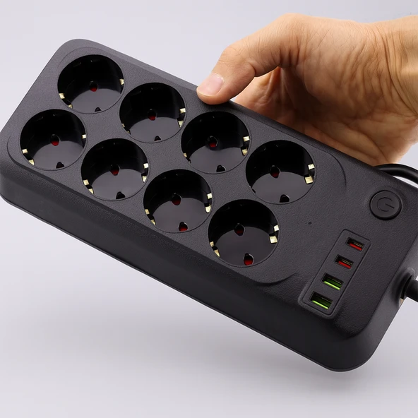 Akım Korumalı Topraklı Golyat Grup Şarj Fiş Priz 8 Prizli 4 USB Girişli 2 Metre Uzatma Kablosu - Resim 4