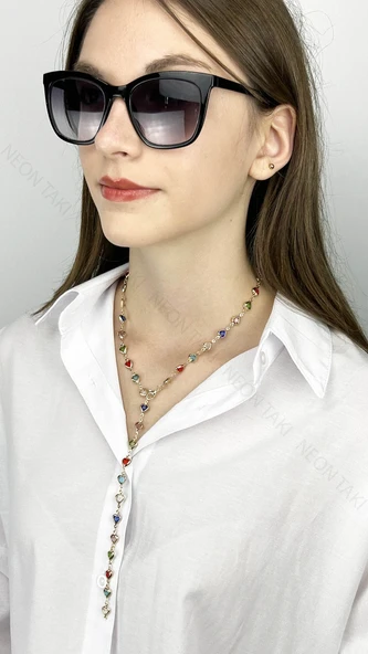 Y Kolye, Taşlı, Çok Renkli, Kalpli, Kolye 432, Kasa Altın Renk