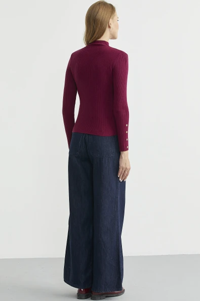 Fitilli Dik Yaka Basic Triko Kazak - Bordo - Resim 6