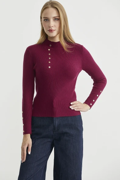 Fitilli Dik Yaka Basic Triko Kazak - Bordo - Resim 3