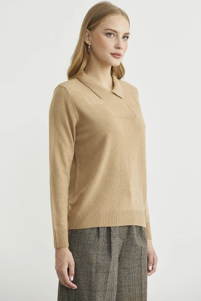 Bebe Yaka Yünlü Triko Kazak - Kamel - Resim 2