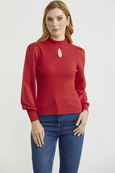 Dik Yaka Balon Kol Triko Kazak - Kırmızı - Resim 3