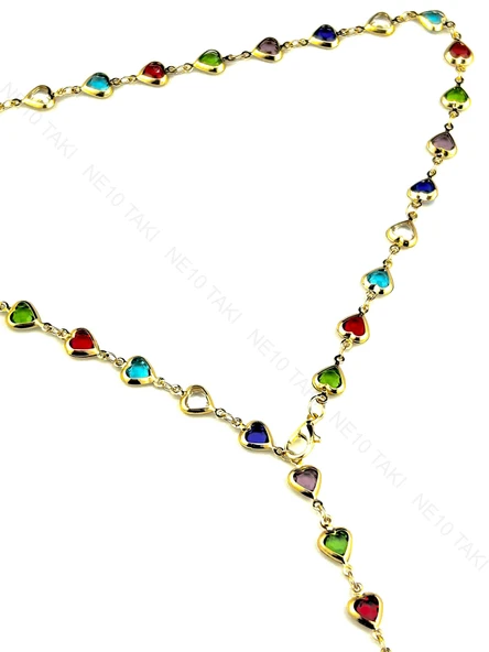 Set, Zirkon Taşlı, Kararmayan Çelik, Kolye ve Bileklik, Y Model, Kalp Detaylı, Altın Renk, Model61 - Resim 3