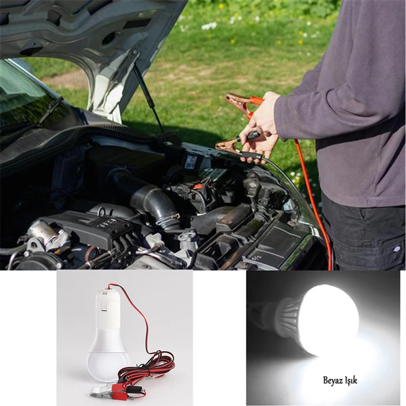 Akü Takviye Kablolu Led Ampul 4 Metre Anahtarlı 5W Tasarruflu Seyyar  Aydınlatma Beyaz Işık Pensli - 4