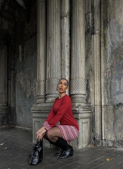 Kadın Uzun Kollu Bisiklet Yaka Kol Ağzı Ve Etek Ucu Baskılı Iki Iplik Elbise - Resim 10