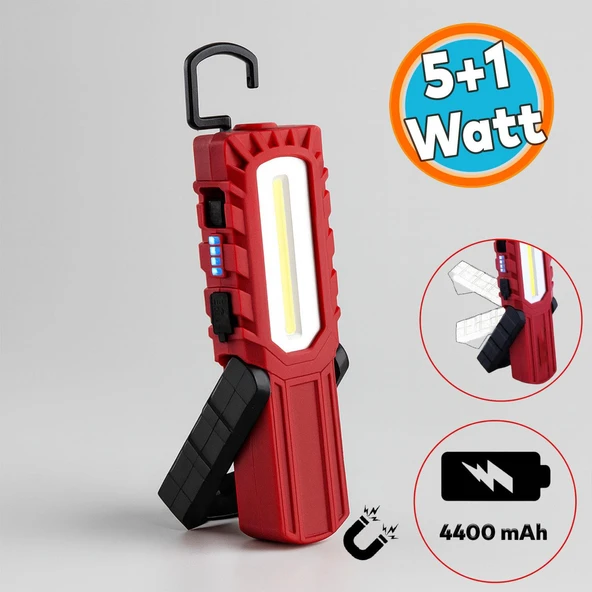 Mıknatıslı İş Lambası Led El Feneri Askılı Işıldak Kamp Lambası 5+1 W Şarjlı Gece Lambası 4400 mAh ürün görseli